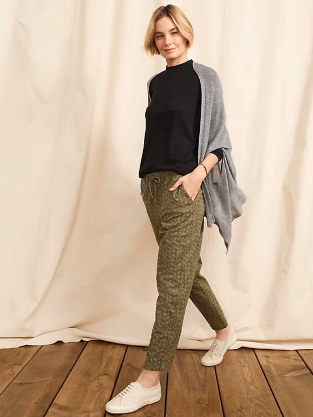 Garnet Hill Pull On Trouser Pant Pima Cotton Blend Chevron Print Green Brown XL